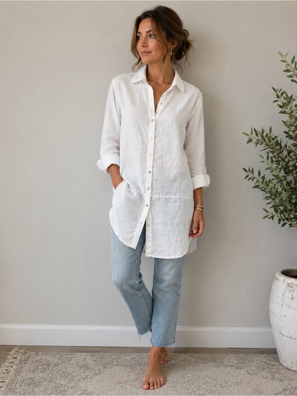 Tahari White Linen Button-Front Shirt